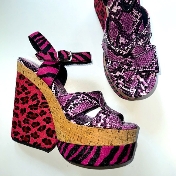 Jeffrey Campbell Shoes - Jeffrey Campbell • Leather Kitsch Colorful Animal Print Cork Wedges